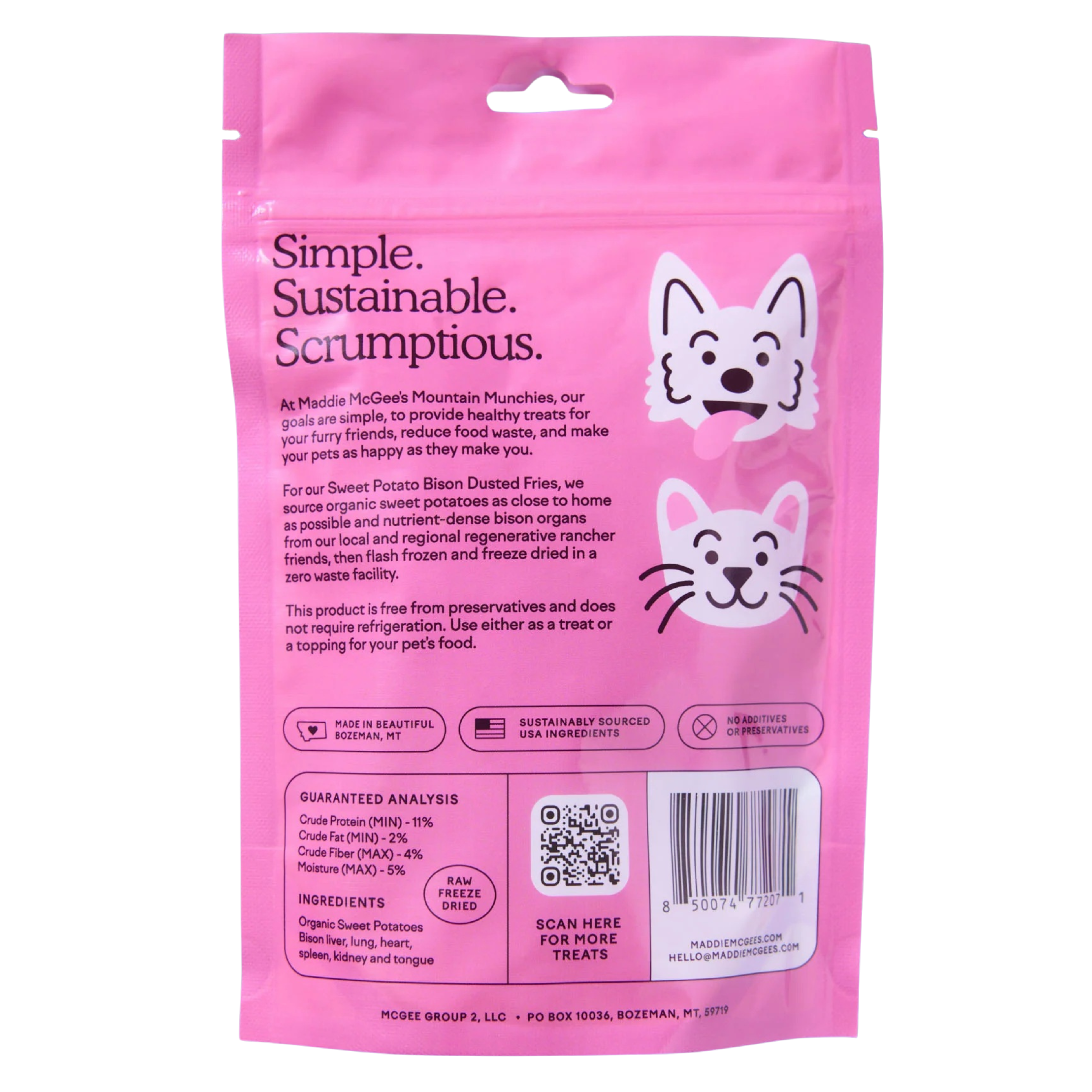 Pink package of Manna Munchies dog treats with text and graphics on a white background