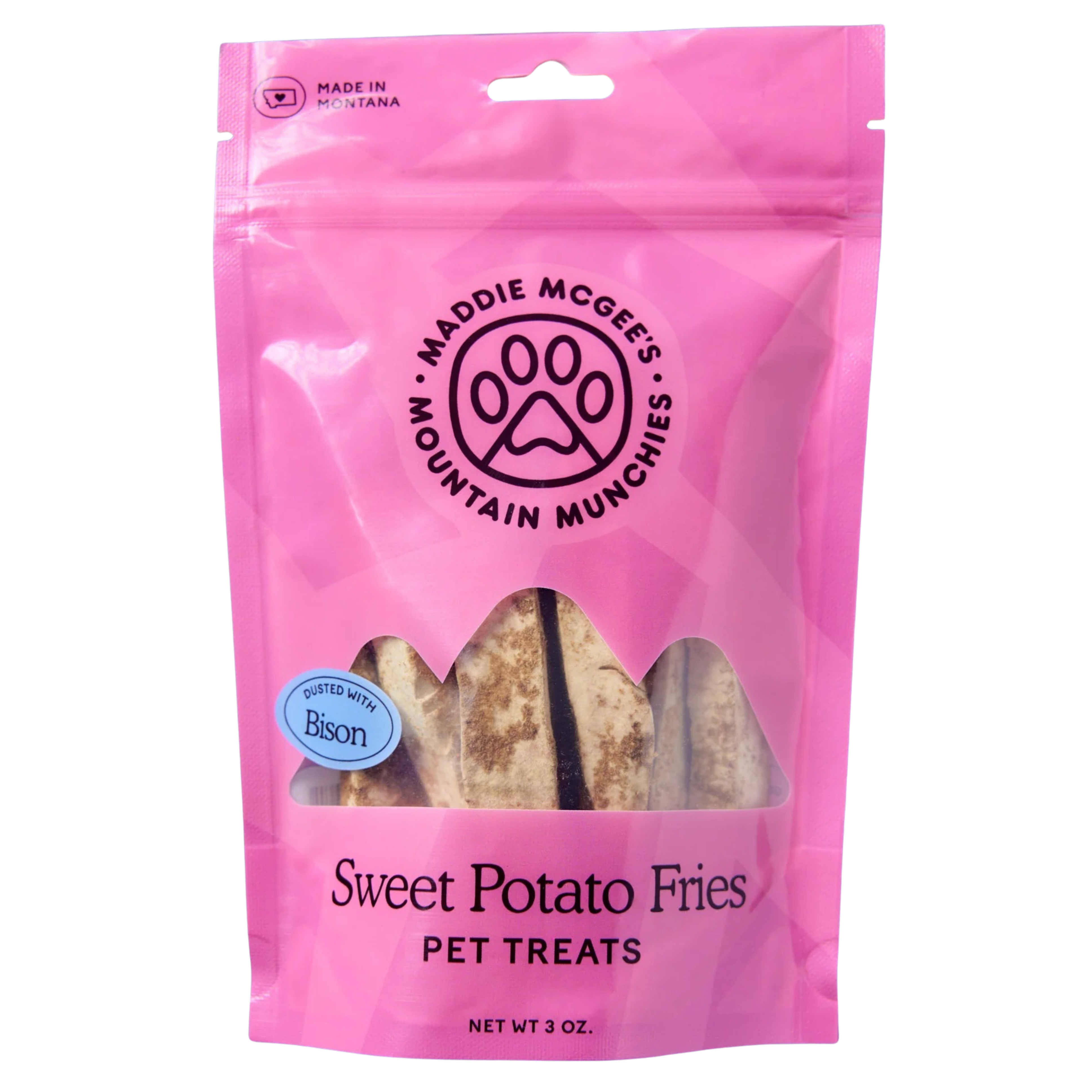Pink package of Maddie McGee's Mountain Munchies Sweet Potato Fries pet treats with bison flavor on a white background.