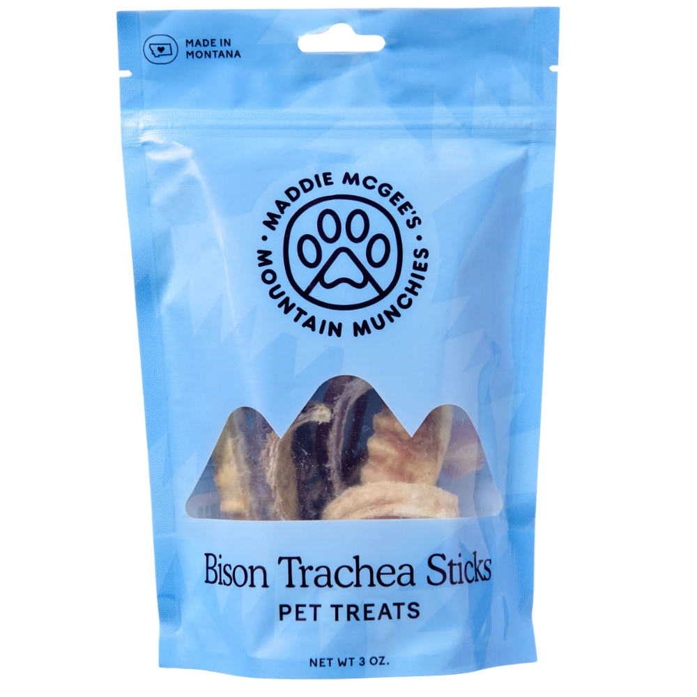 Blue package of Maddie McGee's Mountain Munchies Bison Trachea Sticks pet treats on a white background