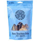 Blue package of Maddie McGee's Mountain Munchies Bison Trachea Sticks pet treats on a white background