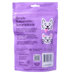 Purple package of cat treats with text and a cartoon cat on a white background