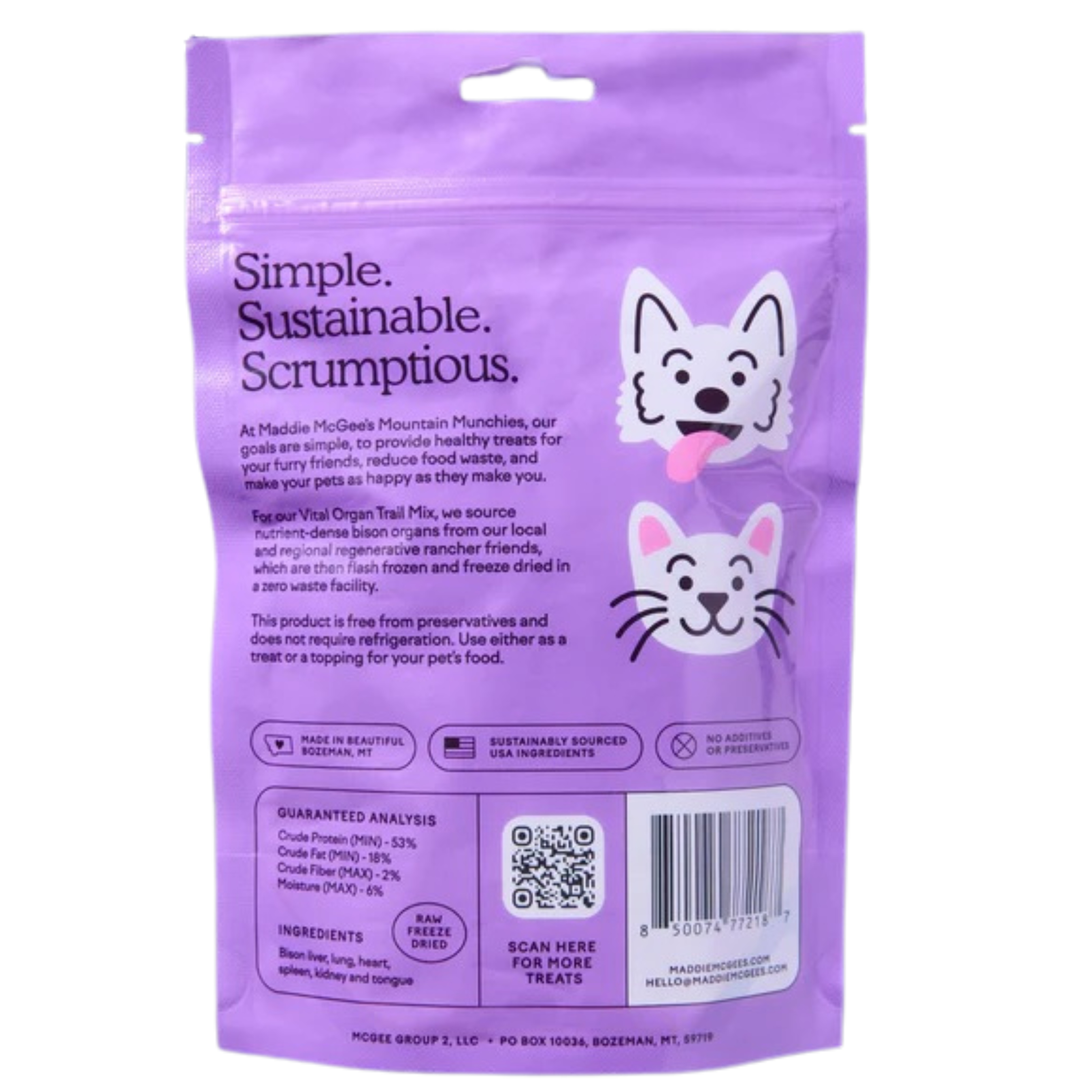 Purple package of cat treats with text and a cartoon cat on a white background