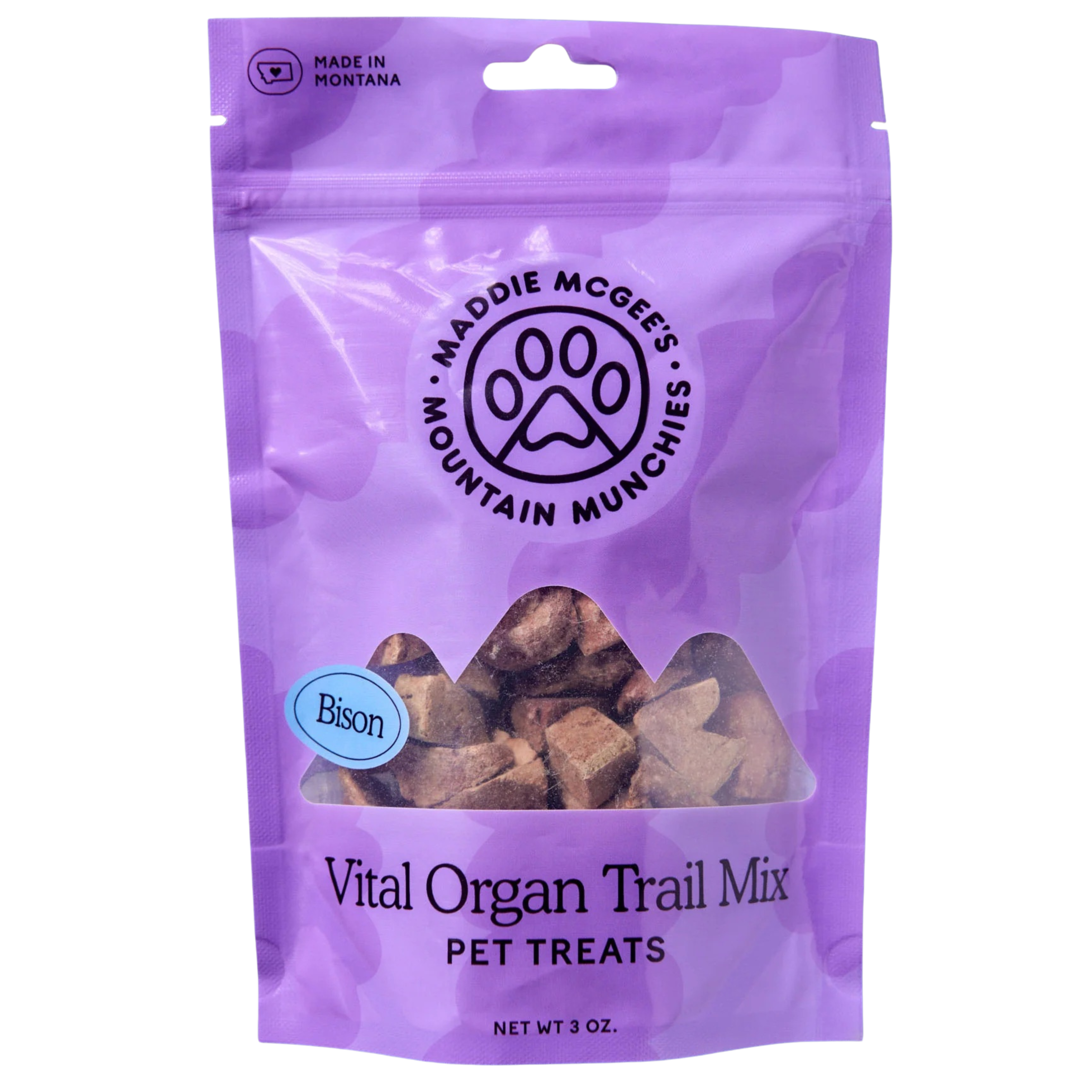 Purple package of Maddie Mcgee's Mountain Munchies pet treats with bison flavor on a white background
