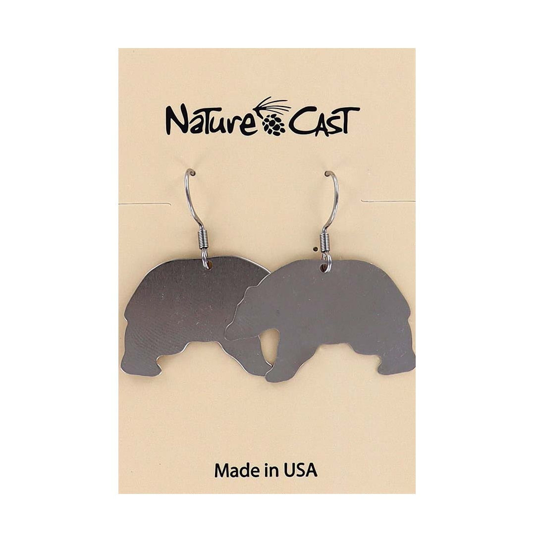 Bear-shaped earrings on a 'Nature Cast' branded card with 'Made in USA' text.