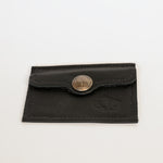 Black leather wallet with a metal clasp on a white background