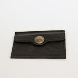 Black leather wallet with a metal clasp on a white background
