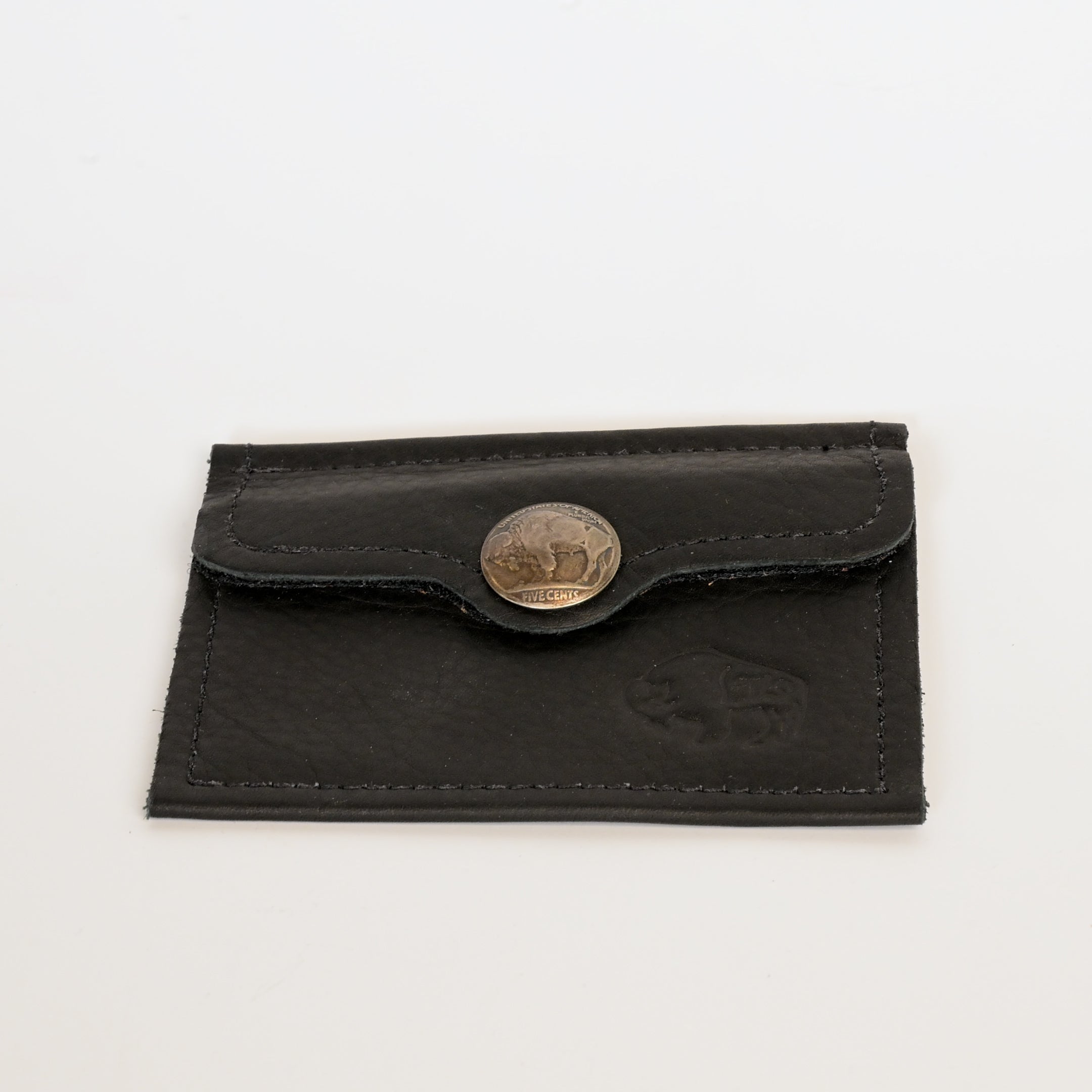 Black leather wallet with a metal clasp on a white background