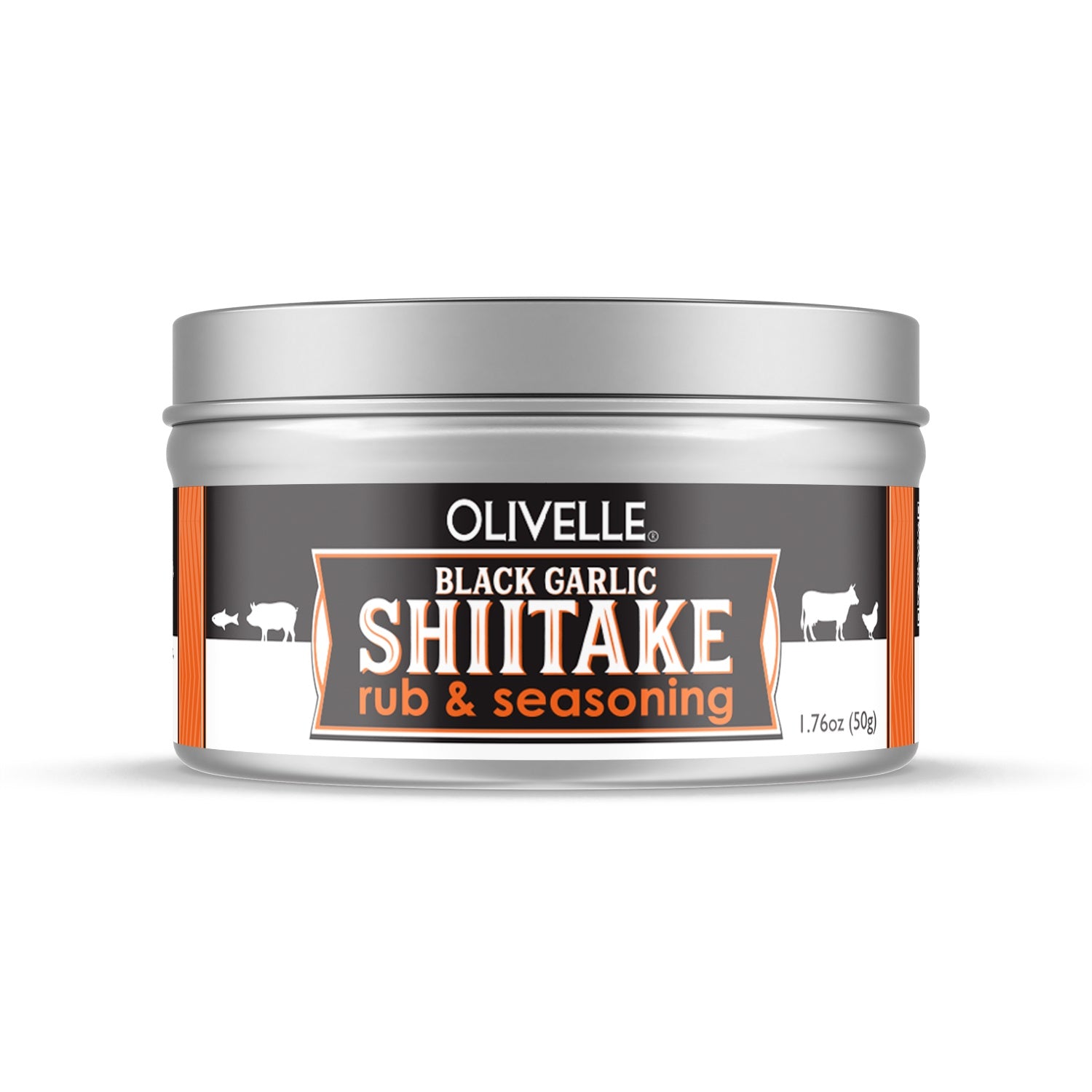 Olivelle Black Garlic Shiitake rub & seasoning container on a white background