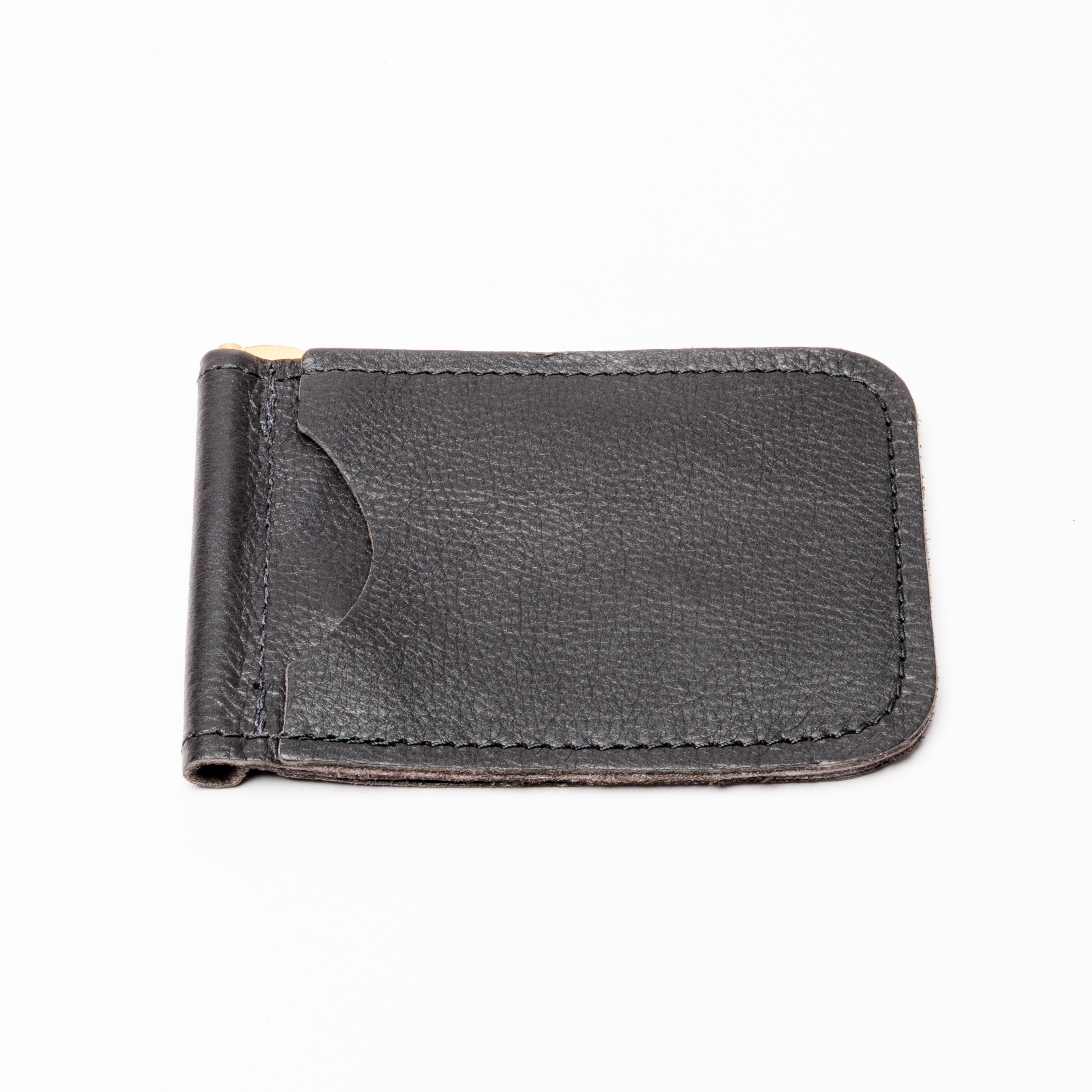 A black textured leather money clip wallet with a gold-tone metal clip, shown on a plain white background.