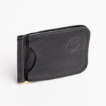 A black textured leather money clip wallet with a debossed logo on the front, shown on a clean white background.