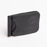 A black textured leather money clip wallet with a debossed logo on the front, shown on a clean white background.