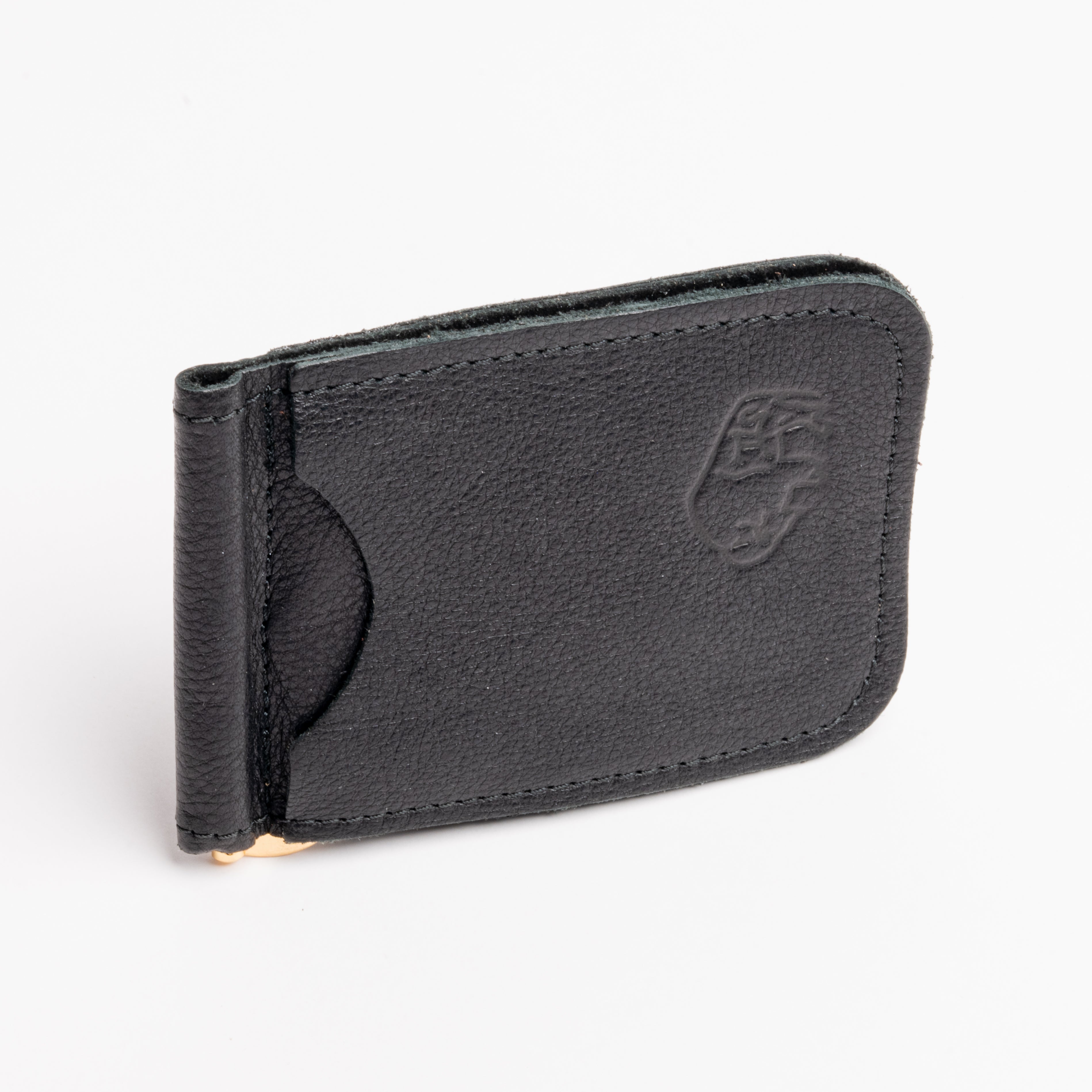 A black textured leather money clip wallet with a debossed logo on the front, shown on a clean white background.