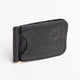 A black textured leather money clip wallet with a debossed logo on the front, shown on a clean white background.