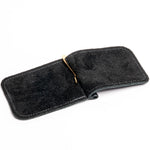 A black felt money clip with white stitching and a gold metal clip, shown open on a white background.