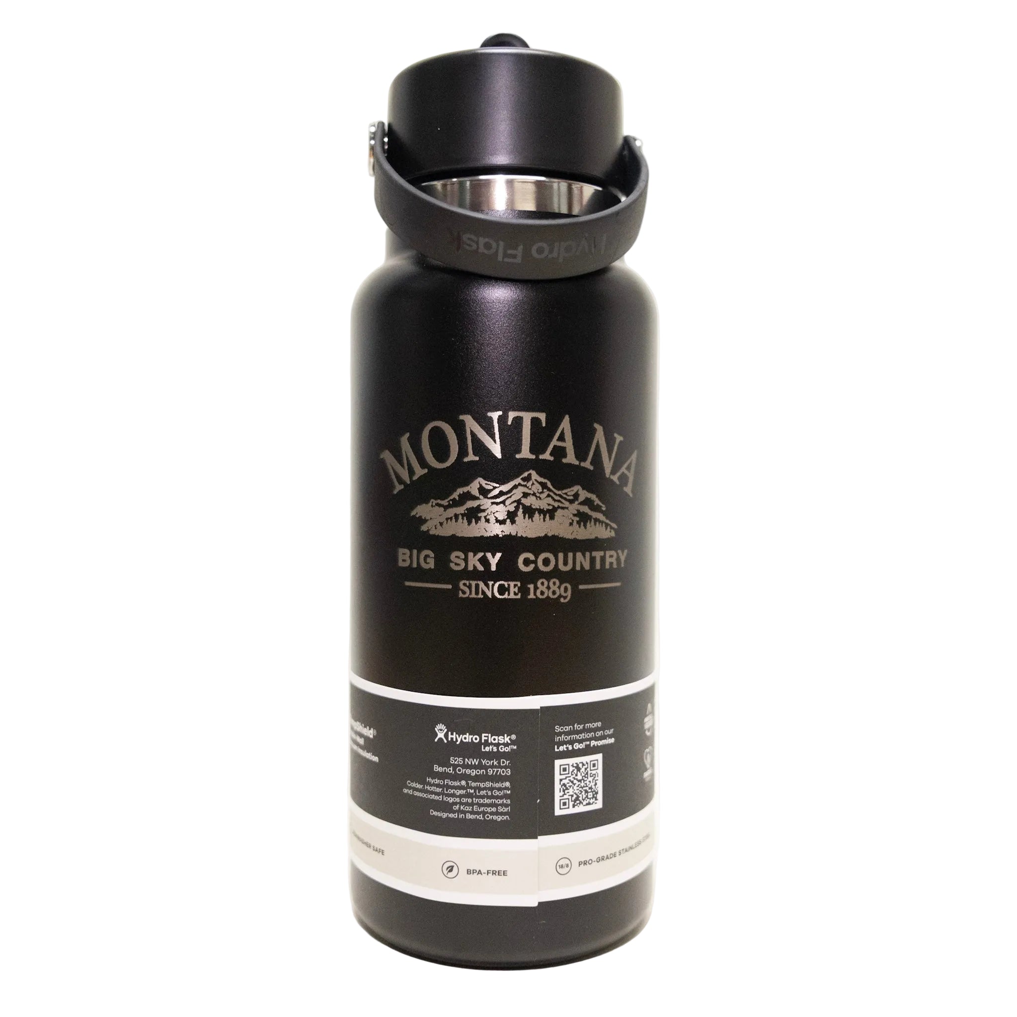 Black water bottle with 'Montana Big Sky Country' branding on a white background