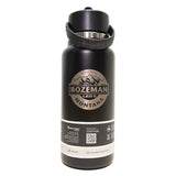 Black water bottle with Bozeman, Montana label on a white background
