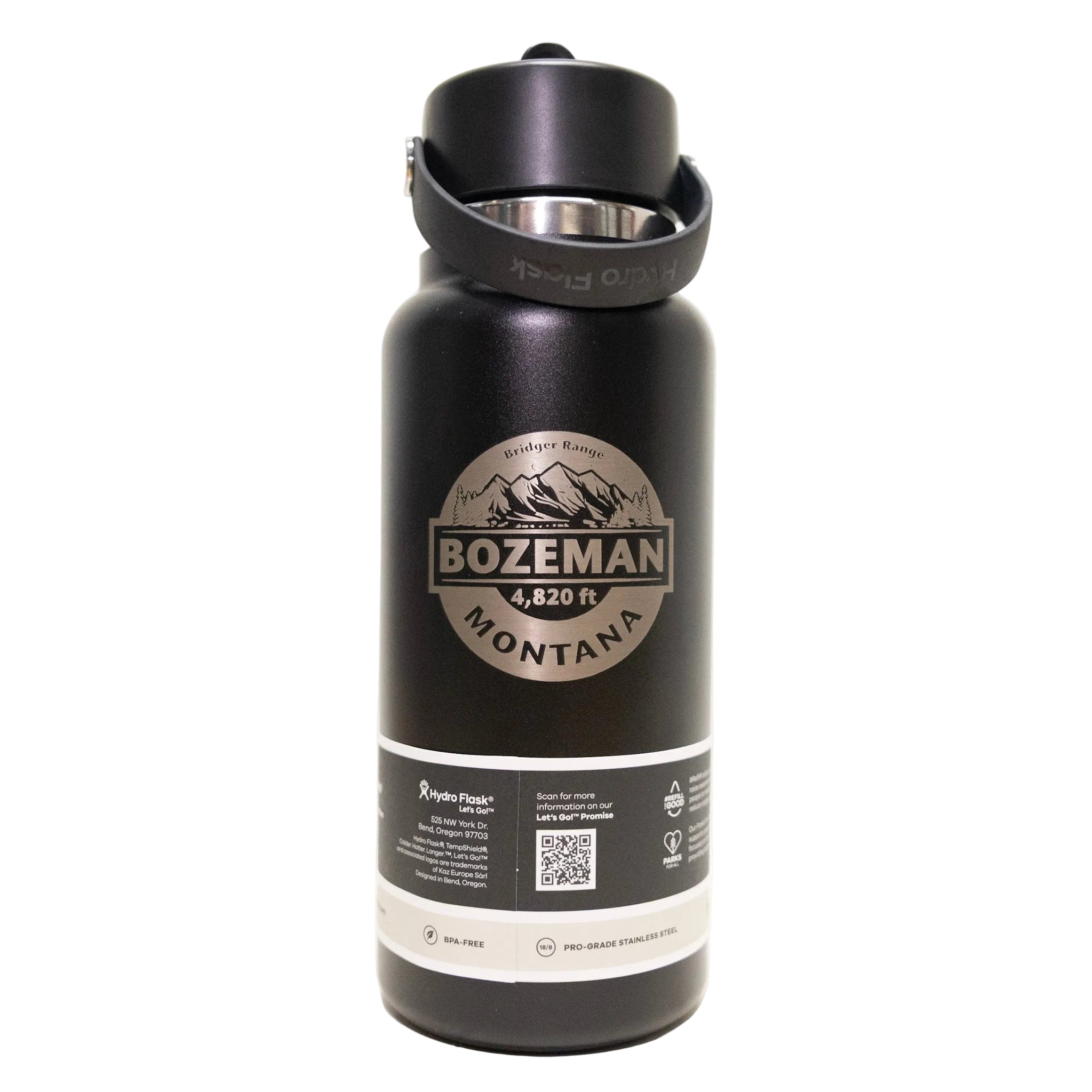 Black water bottle with Bozeman, Montana label on a white background
