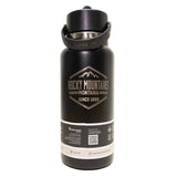 Black water bottle with Rocky Mountains Montana branding on a white background