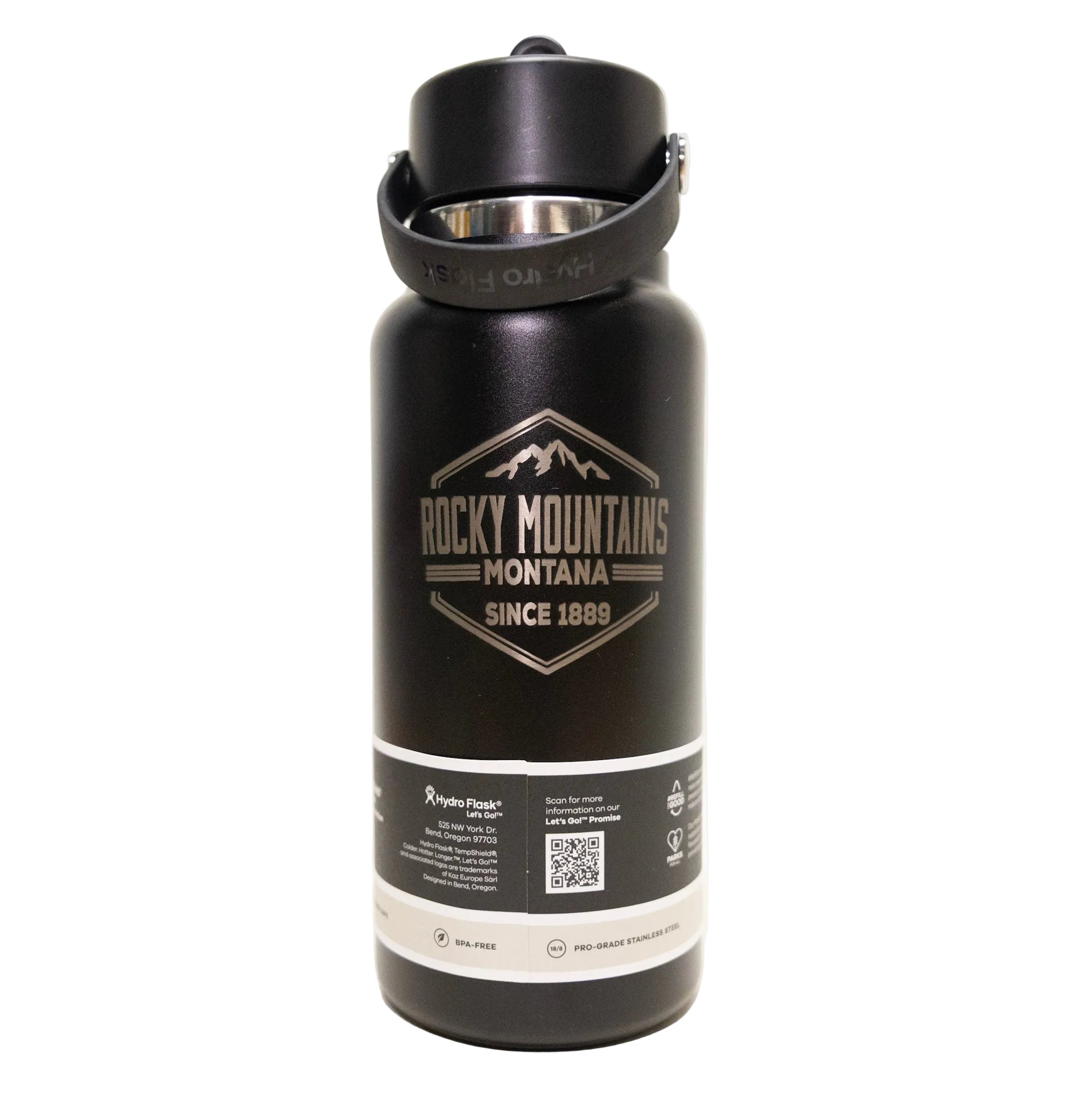 Black water bottle with Rocky Mountains Montana branding on a white background