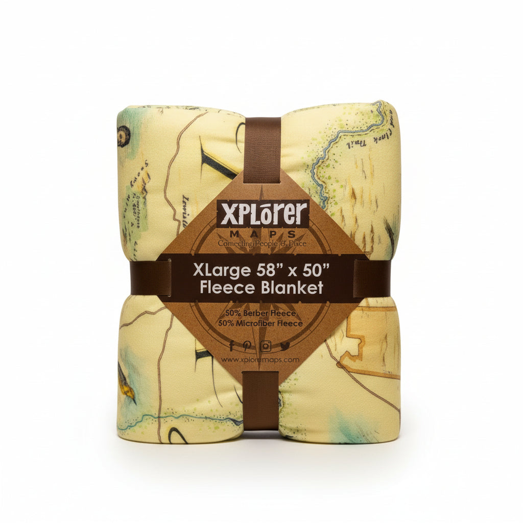 Xplorer Maps fleece blanket with map design on a plain background