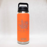 Orange YETI water bottle with floral design and text on a white background