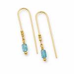 A pair of gold drop earrings with a faceted light blue bead and a small gold bead below, shown on a plain white background.