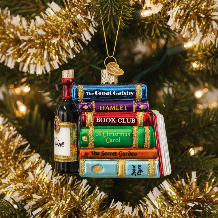 A Christmas ornament shaped like a stack of books and a wine bottle hanging on a decorated Christmas tree. The ornament features colorful book spines labeled with holiday titles such as 'The Great Gatsby,' 'Hamlet,' 'A Christmas Carol,' 'The Secret Garden,' and 'Jane Eyre,' alongside a wine bottle labeled 'Wine.