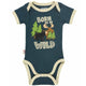 Baby onesie with nature-themed design and text on a white background