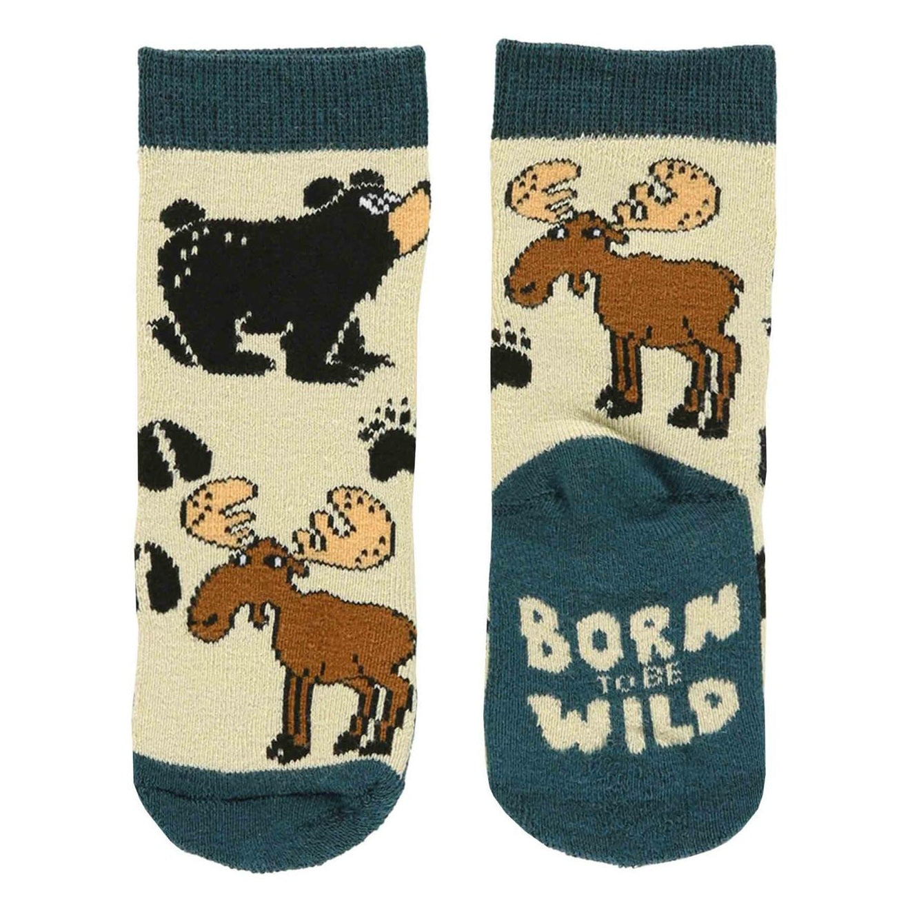 Pair of socks with animal illustrations and 'Born to Be Wild' text on a beige background