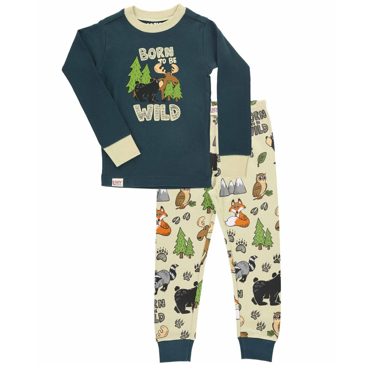 Children's pajama set with 'Born to be Wild' text and animal prints on a white background