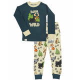 Children's pajama set with 'Born to be Wild' text and animal prints on a white background