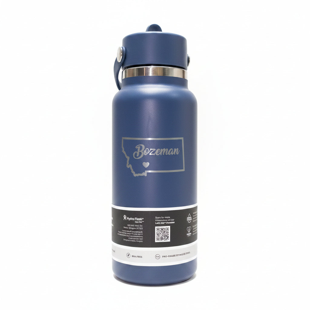 Bozeman Montana Outline with Heart 32 oz Harbor Blue Wide Mouth Tumbler with Flex Straw Cap by Hydro Flask
