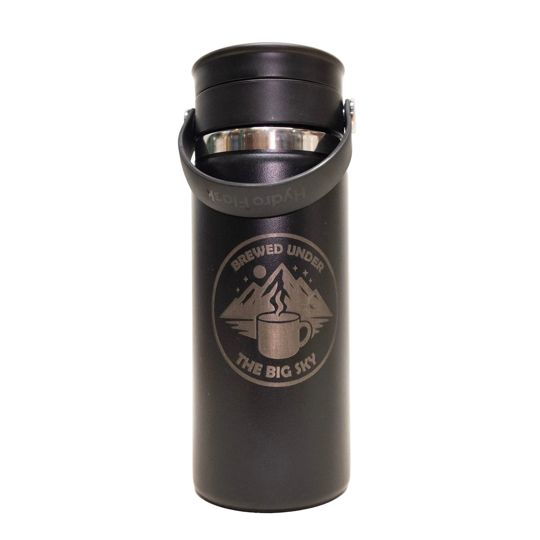 Black insulated coffee cup with mountain and coffee mug design on a white background