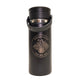Black insulated coffee cup with mountain and coffee mug design on a white background