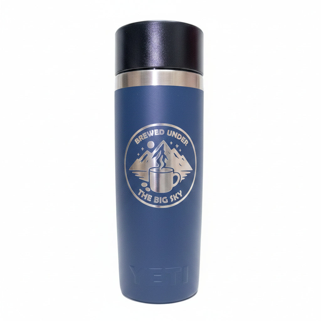 Blue insulated mug with a logo on a white background