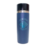 Blue insulated mug with a logo on a white background