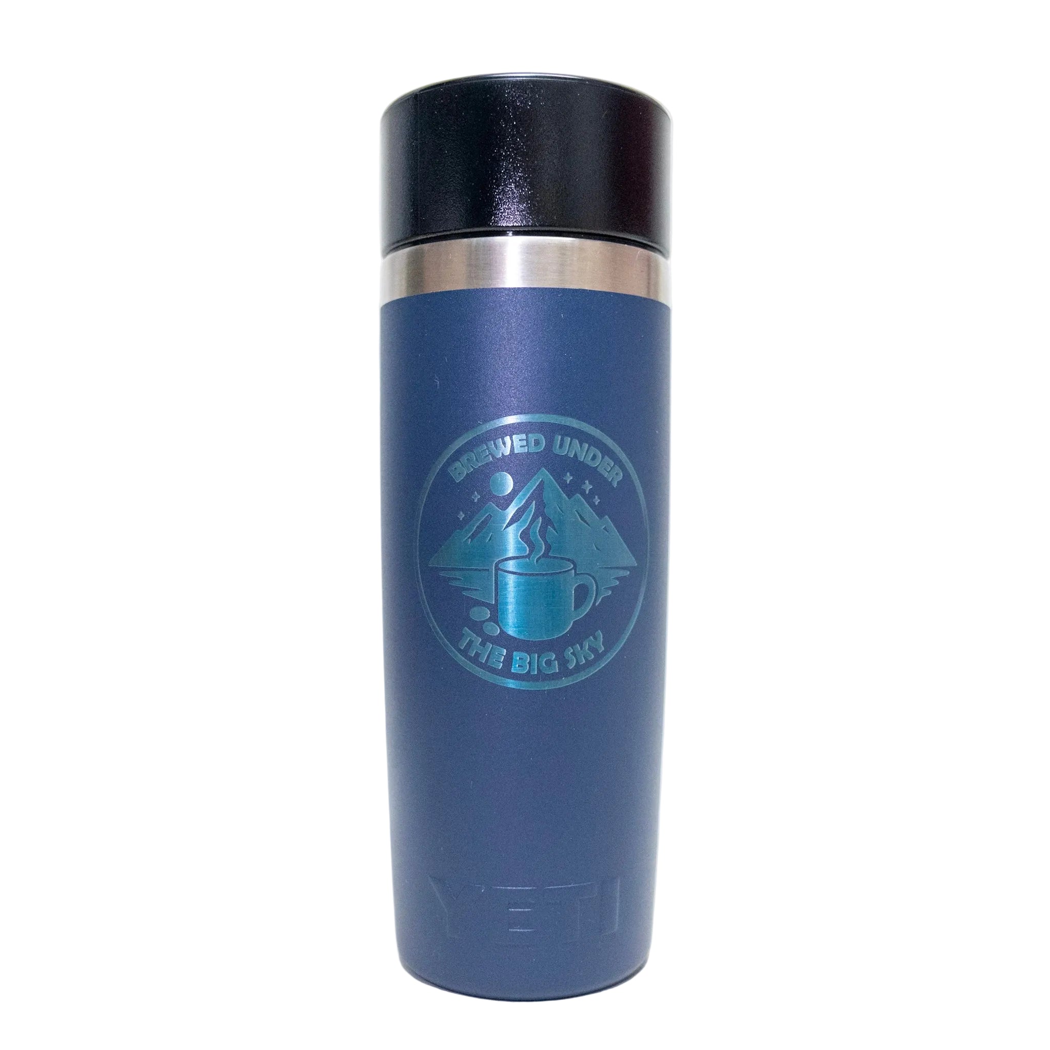 Blue insulated mug with a logo on a white background