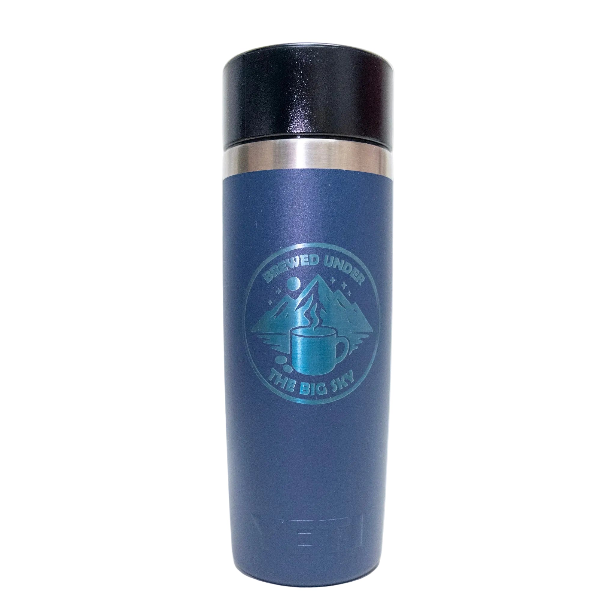 Blue insulated mug with a logo on a white background