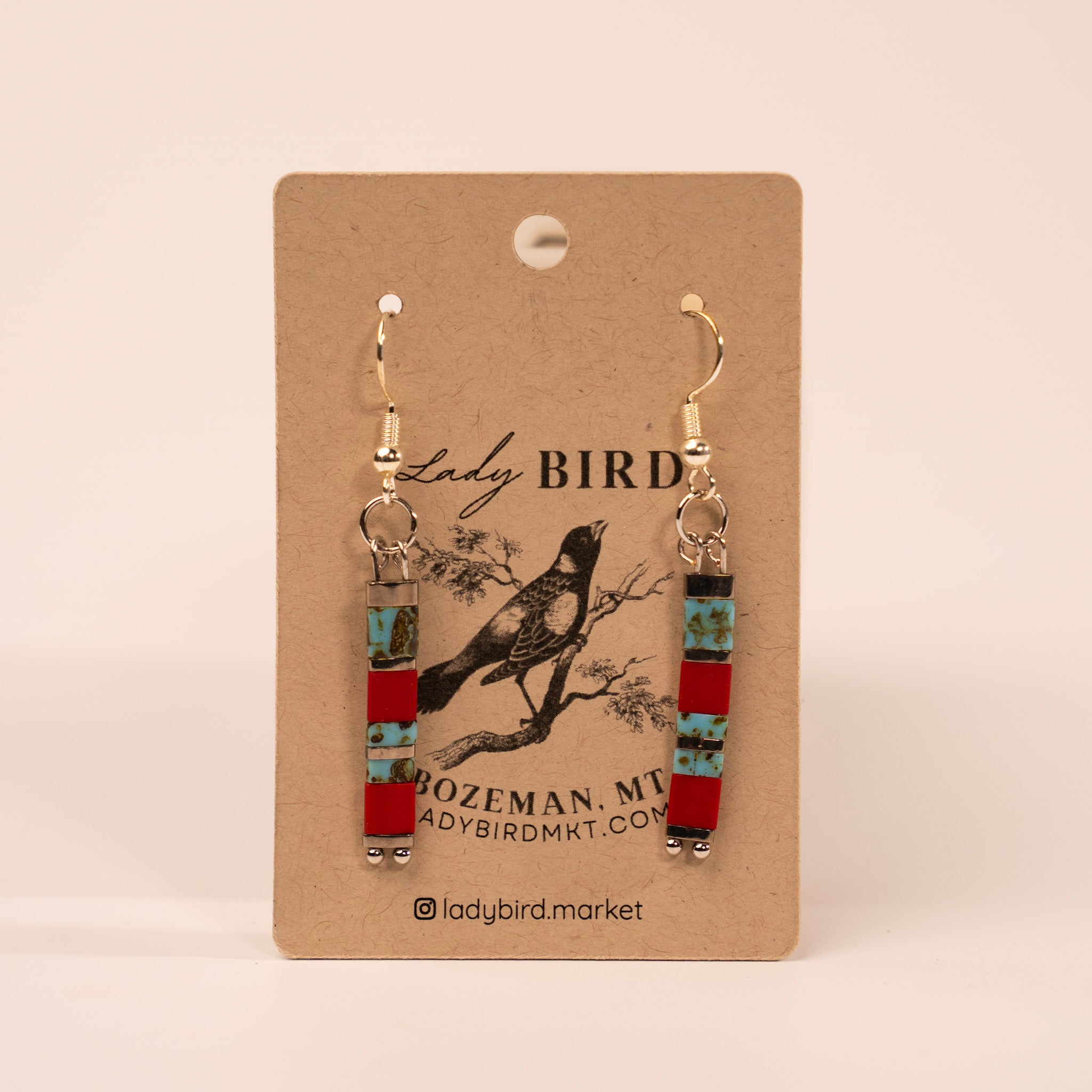Brick Red and Turquoise with Silver Tila Bead Earrings
