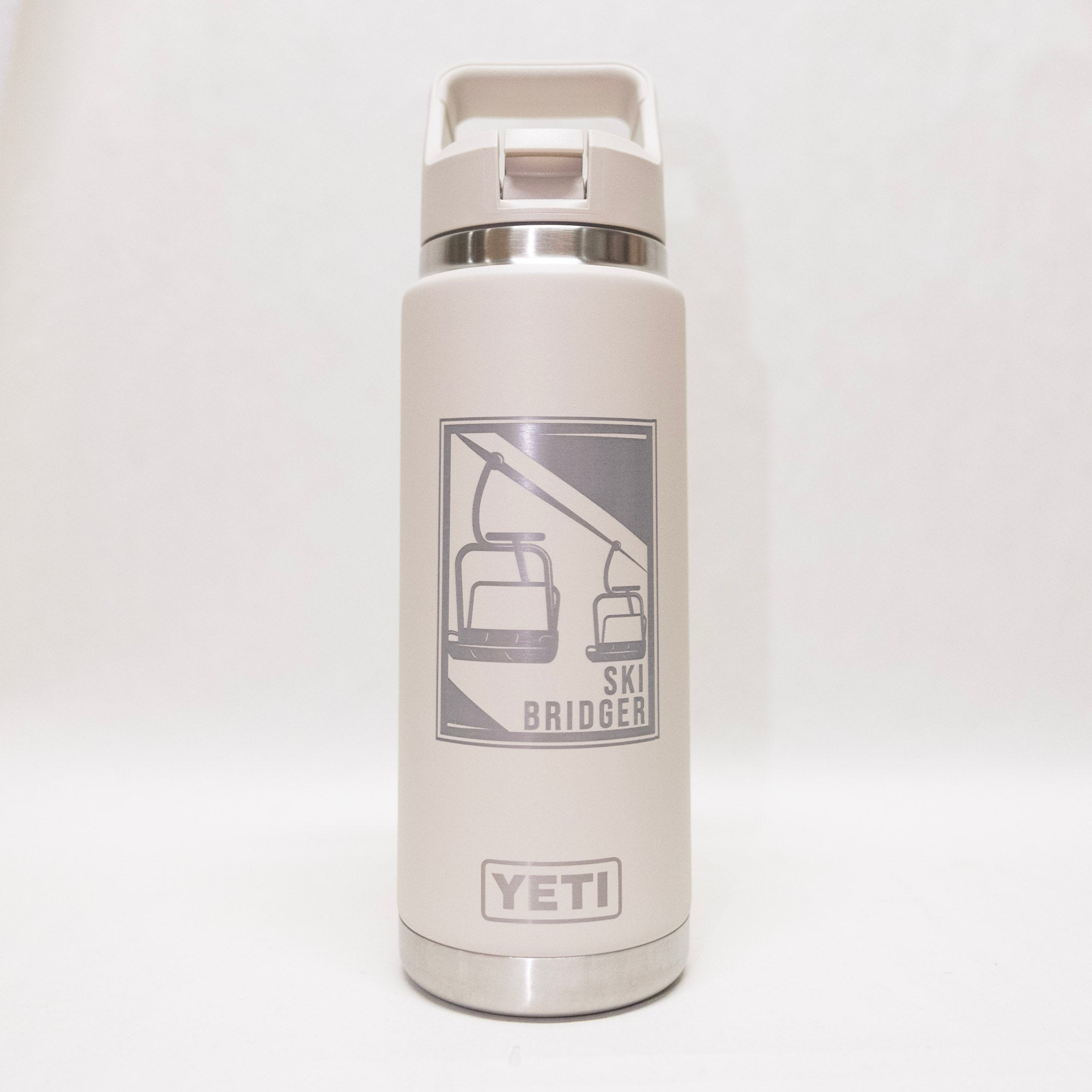 White YETI water bottle with a graphic and text on a white background