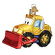 Decorative glass ornament of a yellow bulldozer with a red blade on a white background