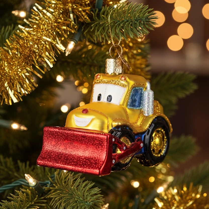 A gold Christmas tree ornament shaped like a cartoon snowplow truck with a red glitter front blade, hanging on a green Christmas tree with gold tinsel and warm bokeh lights in the background.