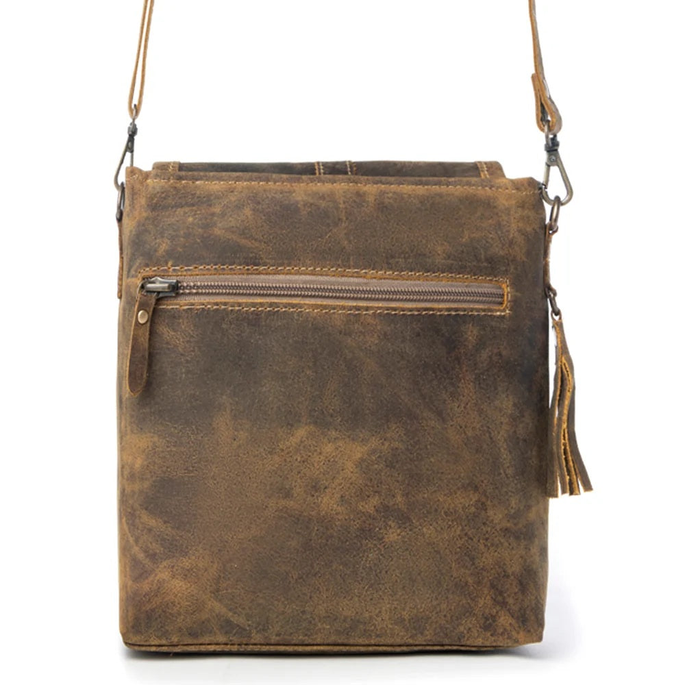 A brown distressed leather crossbody bag with a zippered pocket, adjustable shoulder strap, and a tassel detail on the side, shown against a plain white background.