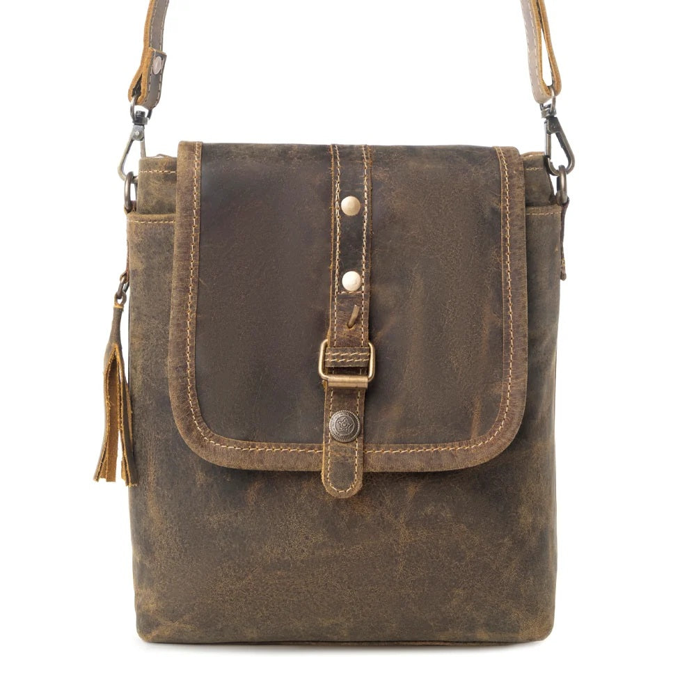 Brown leather crossbody bag with metal buckle on a white background