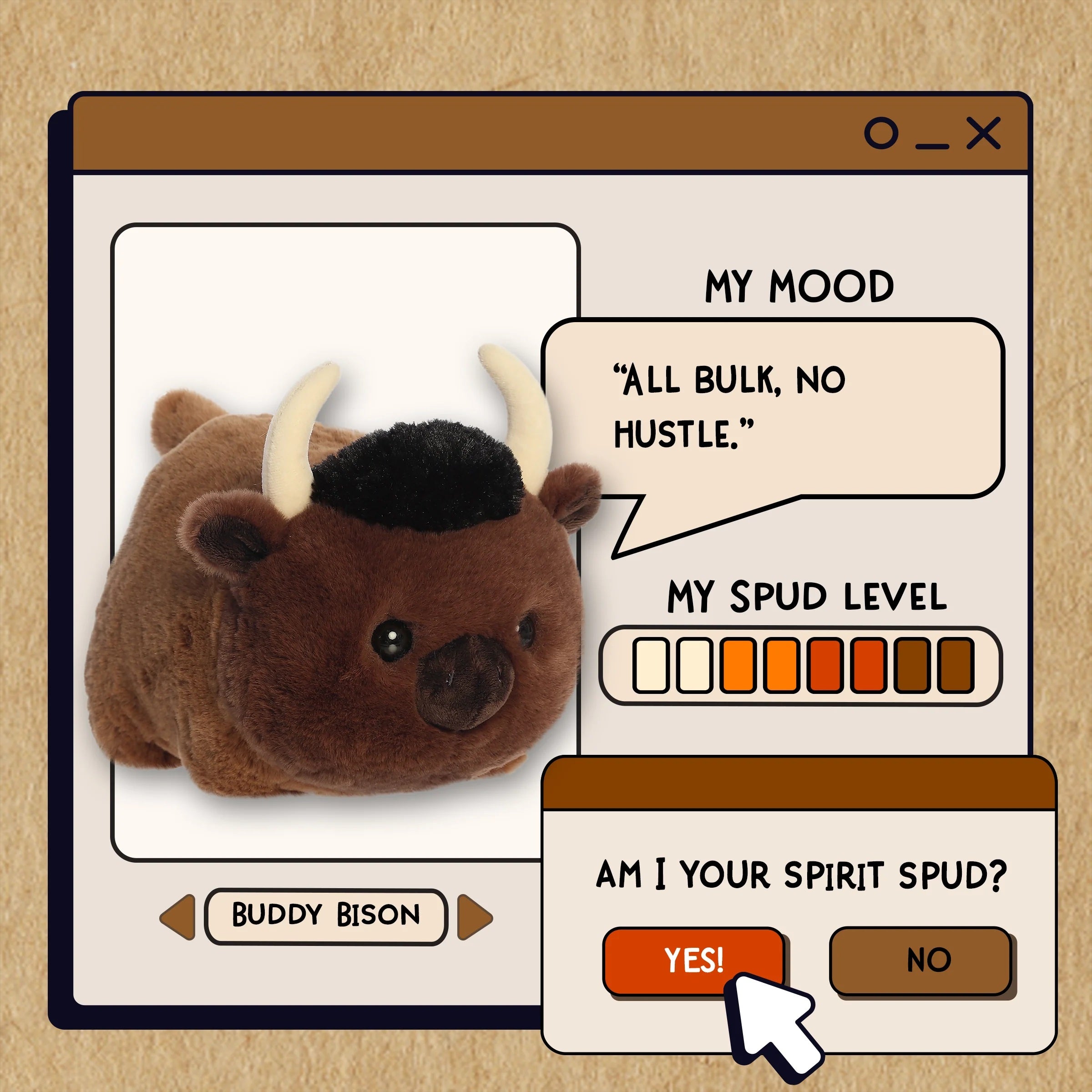 Buddy Bison Spudster Profile describing his level of spud