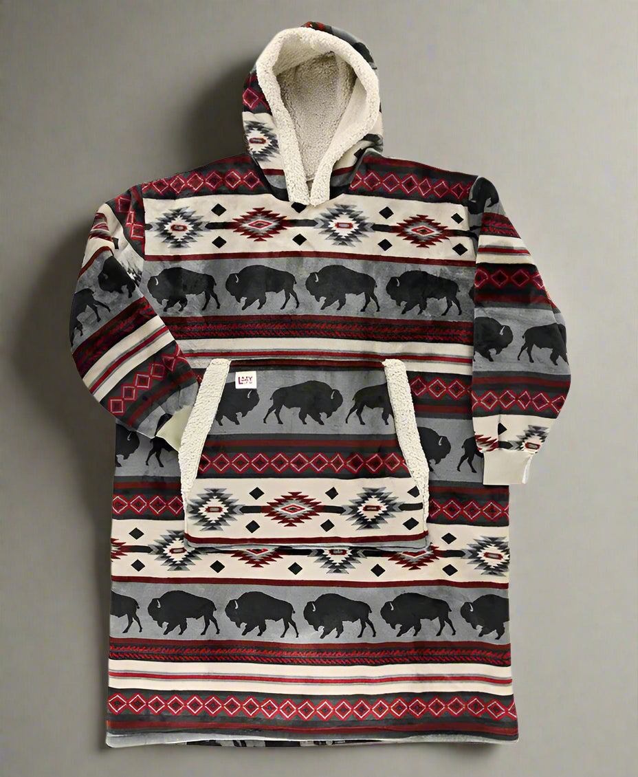 Hooded blanket with tribal pattern and bison design on a white background