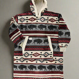 Hooded blanket with tribal pattern and bison design on a white background