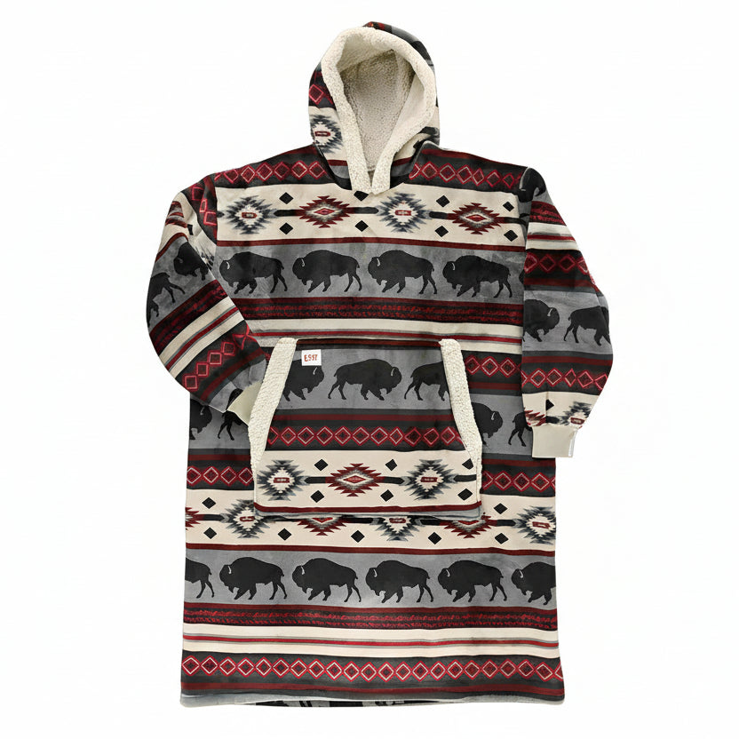 Hooded blanket with tribal pattern and bison design on a white background