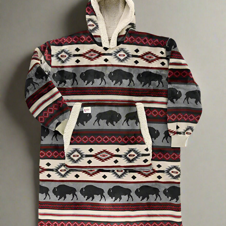 Hooded blanket with tribal pattern and bison design on a white background