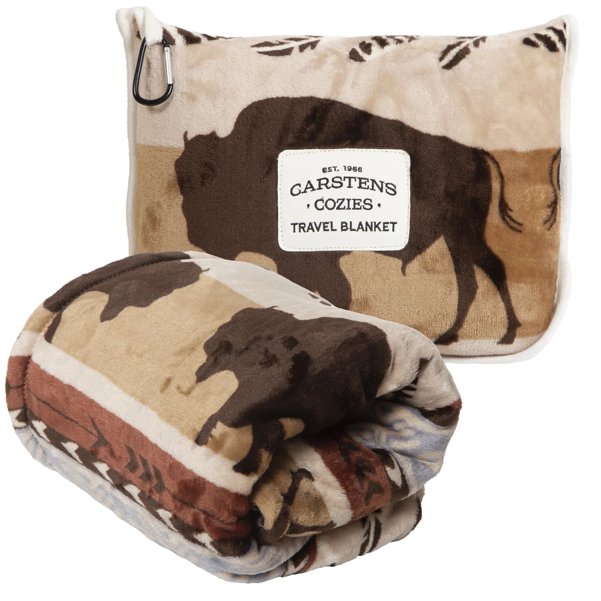 Carstens Cozies travel blanket with bison design on a beige background